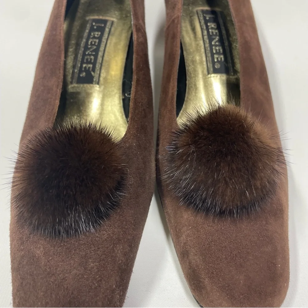 J. RENEE Brown Suede Leather Heel Pumps with Mink Fur Puff Ball Sz. 8 M - Picture 8 of 8